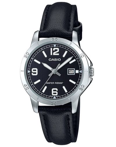 CASIO BLACK DIAL WITH DATE & BLACK LEATHER STRAP WOMEN'S WATCH