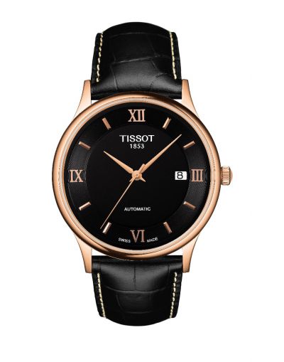 TISSOT ROSE DREAM AUTOMATIC 18K GOLD BLACK DIAL WITH BLACK LEATHER STRAP MEN'S WATCH