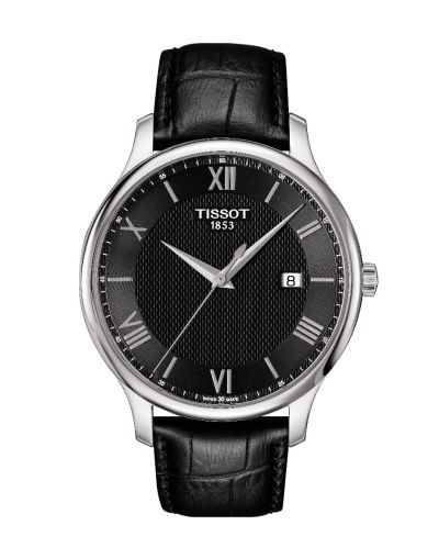 Tradition Quartz Black Dial - Black Leather Strap Men's Watch