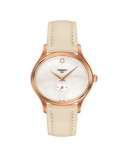 TISSOT BELLA ORA WHITE MOTHER OF PEARL DIAL WITH CREAM COLOUR LEATHER STRAP LADIES WATCH