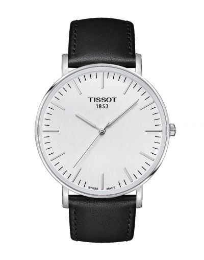 TISSOT EVERYTIME 42MM SILVER DIAL WITH BLACK LEATHER STRAP MEN'S WATCH