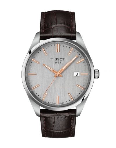 TISSOT PR 100 SILVER DIAL WITH BROWN LEATHER STRAP MEN'S WATCH