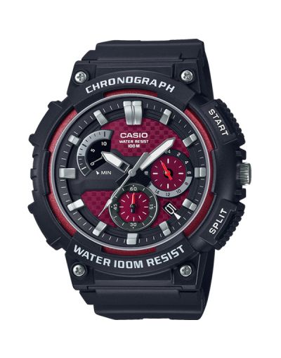 CASIO RED CHRONOGRAPH DIAL WITH BLACK LEATHER STRAP MEN'S WATCH