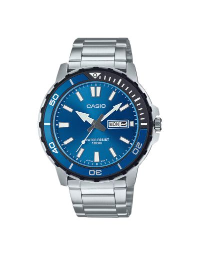 CASIO BLUE DIAL WITH DAY & DATE WITH SILVER BRACELET MEN'S WATCH