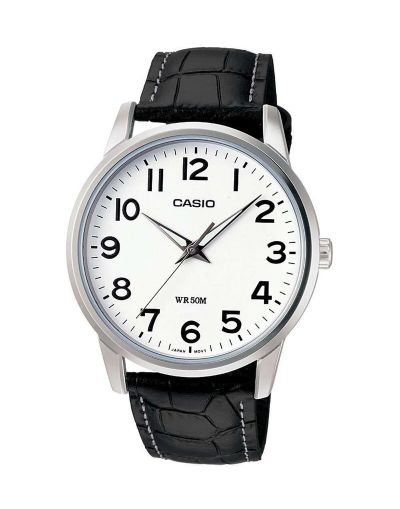 CASIO WHITE DIAL WITH BLACK LEATHER STRAP MEN'S WATCH