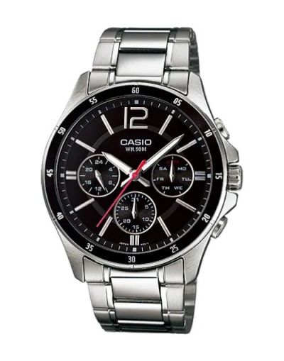CASIO BLACK DIAL WITH DAY, DATE & SILVER BRACELET MEN'S WATCH