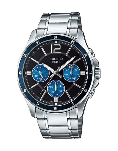 CASIO BLACK & BLUE CHRONOGRAPH DIAL WITH SILVER BRACELET MEN'S WATCH