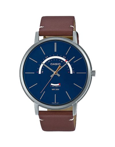 CASIO BLUE DIAL DIAL DAY & DATE WITH BROWN LEATHER STRAP MEN'S WATCH