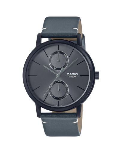 CASIO GREY DIAL DAY & DATE WITH GREY LEATHER STRAP MEN'S WATCH