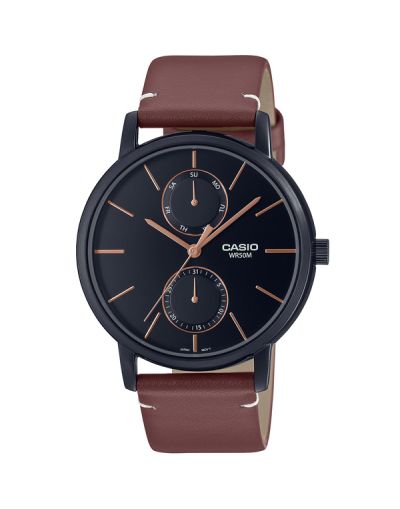 CASIO BLACK DIAL DAY & DATE WITH BROWN LEATHER STRAP MEN'S WATCH