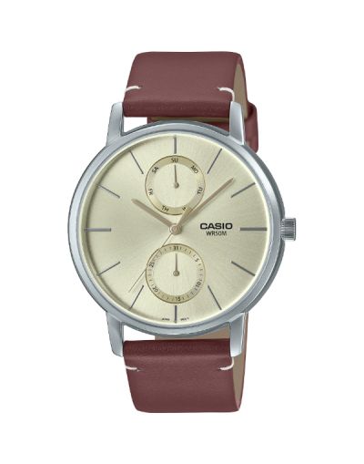 CASIO YELLOW DIAL DAY & DATE WITH BROWN LEATHER STRAP MEN'S WATCH