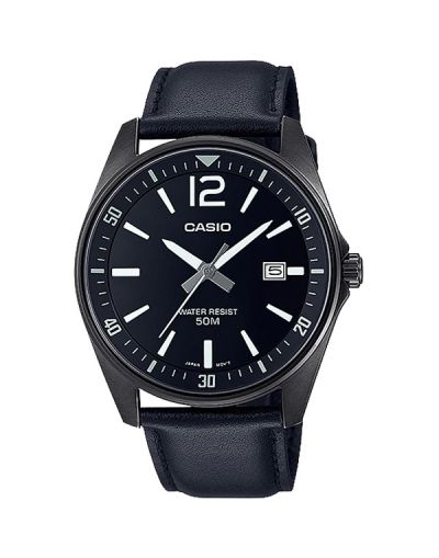 CASIO BLACK DIAL WITH DATE & BLACK LEATHER STRAP MEN'S WATCH