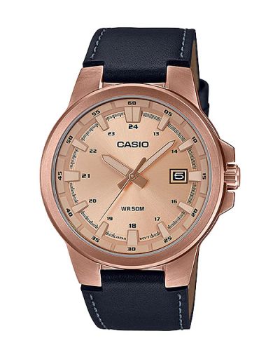 CASIO ROSE GOLD DIAL WITH BLACK LEATHER STRAP MEN'S WATCH