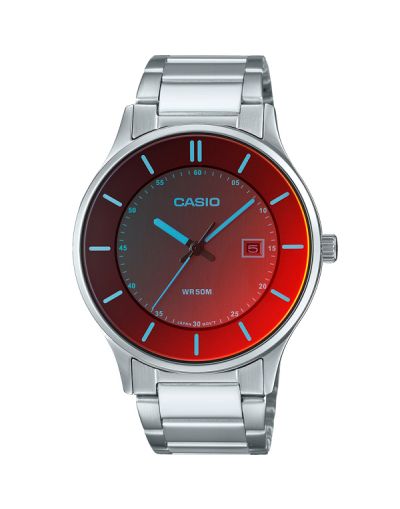 CASIO RED DIAL WITH DATE & SILVER BRACELET MEN'S WATCH