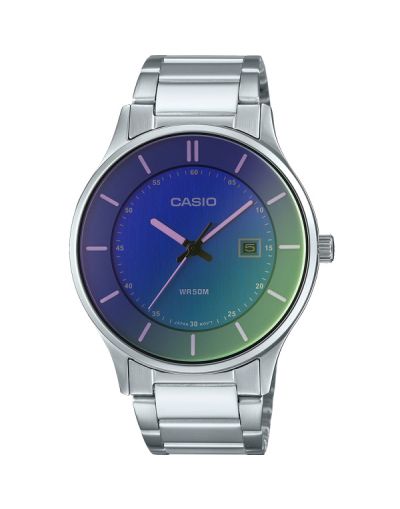 CASIO BLUE & GREEN DIAL WITH DATE & SILVER BRACELET MEN'S WATCH