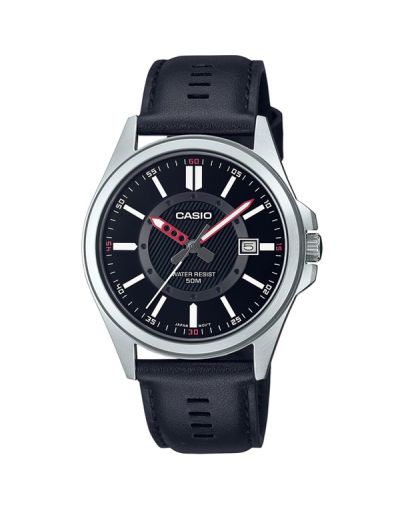 CASIO BLACK DIAL WITH DATE & BLACK LEATHER STRAP MEN'S WATCH