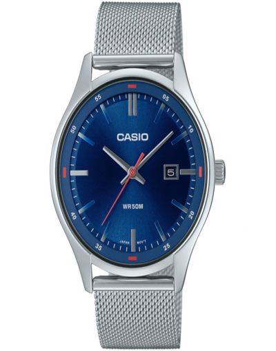 CASIO BLUE DIAL WITH DATE & SILVER MESH STEEL BRACELET MEN'S WATCH