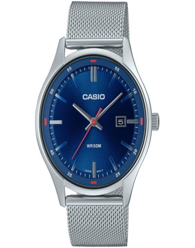 CASIO BLUE DIAL WITH DATE & SILVER MESH STEEL BRACELET MEN'S WATCH