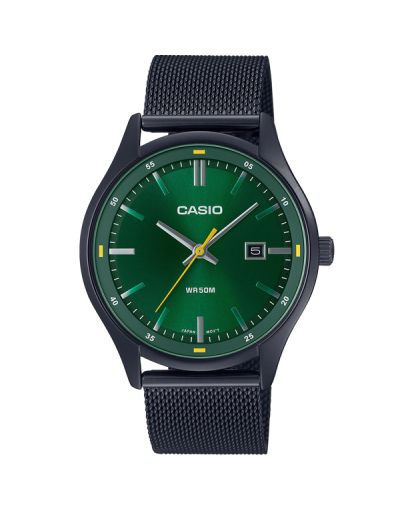 CASIO GREEN DIAL WITH DATE & BLACK MESH STEEL BRACELET MEN'S WATCH