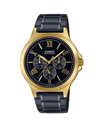 CASIO DAY & DATE BLACK DIAL WITH GOLDEN BEZEL & BLACK BRACELET MEN'S WATCH