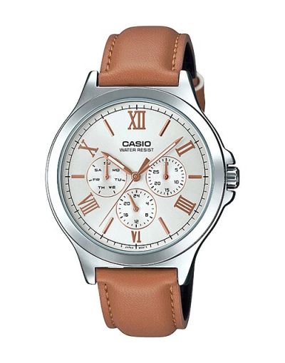 CASIO SILVER DIAL DAY & DATE WITH BROWN LEATHER STRAP MEN'S WATCH