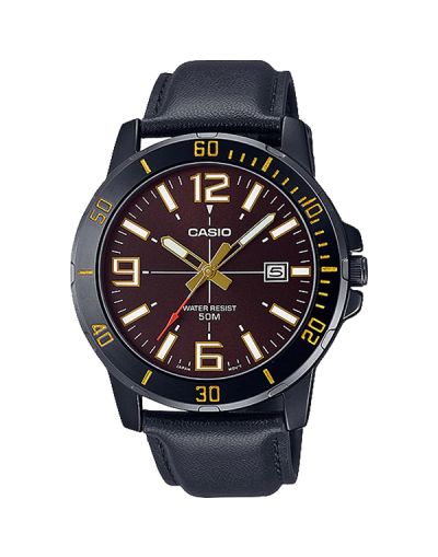 CASIO BROWN DIAL WITH DATE & BLACK LEATHER STRAP MEN'S WATCH