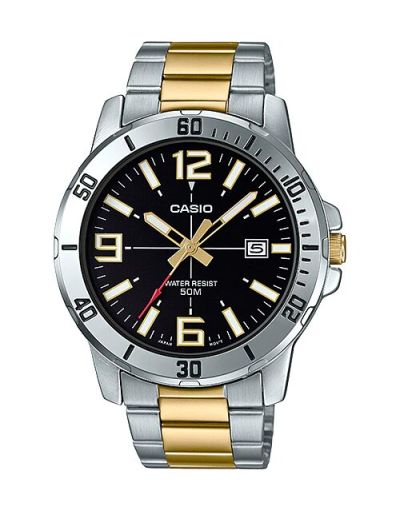 CASIO BLACK DIAL DATE WITH GOLDEN & SILVER BRACELET MEN'S WATCH