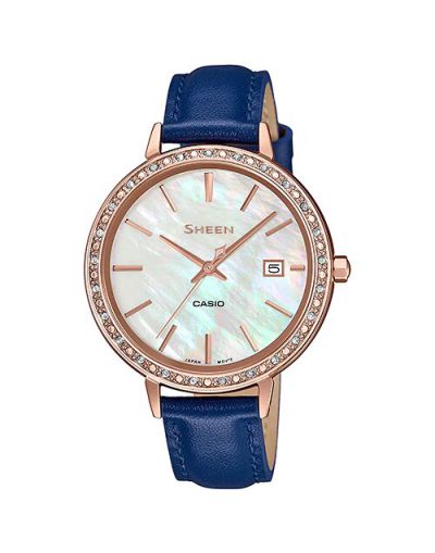 Casio Sheen SHE-4052PGL-7AUDF White Mother of Pearl Dial with Blue Leather Strap Women's Watch