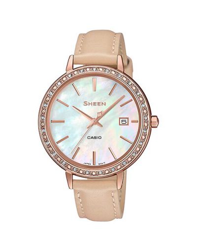 Casio SHE-4052PGL-7BUDF White Mother of Pearl Dial with Beige Colour Leather Strap Women's Watch